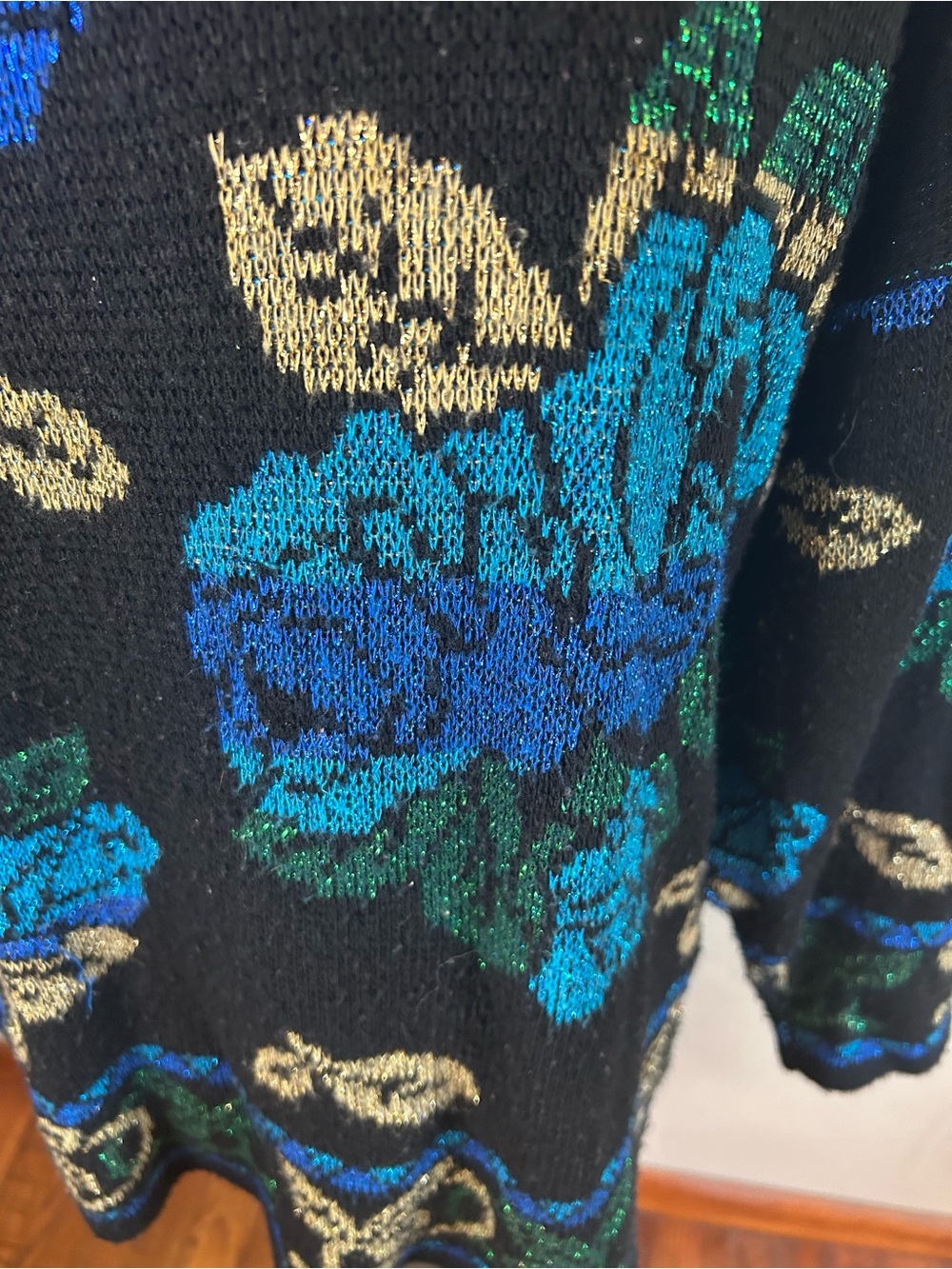 Vintage Black Sweater with Blue & Green Rose Motif - Picture 3 of 7